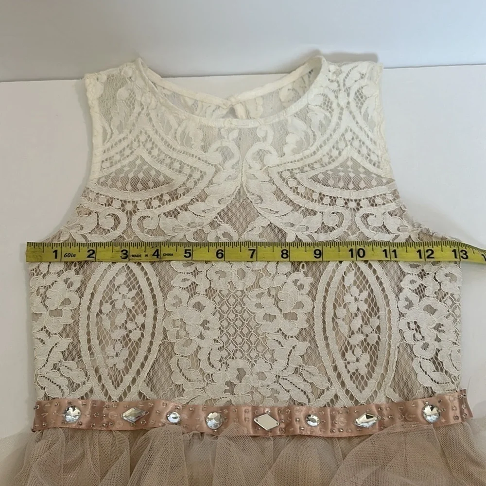 Rare Editions Big Girls 10 Lace Bodice Beaded Waist Belt Mesh Cascade Dress EUC